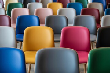 Colorful empty chairs arranged in rows for seminar, event or conference hall.