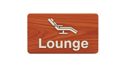 Wooden lounge sign with chair icon, inviting relaxation and comfortable waiting area