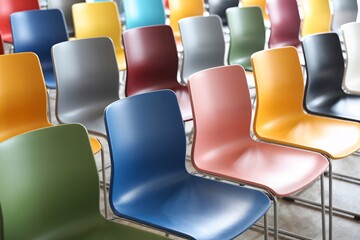 Colorful empty chairs arranged in rows for seminar, event or conference hall.