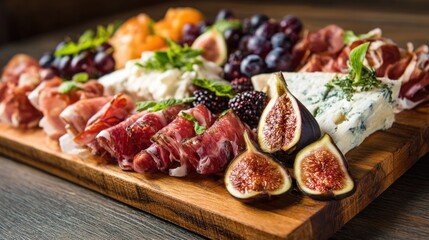 Obraz premium Gourmet charcuterie board with cured meats, cheeses, fruits