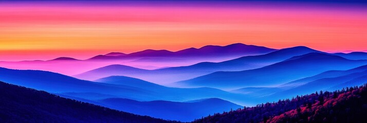 A vibrant, colorful landscape of layered mountain ridges under a glowing sunset sky with hues of pink, purple, orange, and blue.