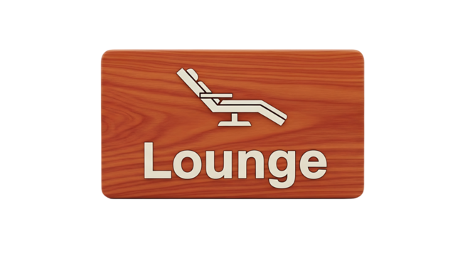 Wooden lounge sign with chair icon, inviting relaxation and comfortable waiting area
