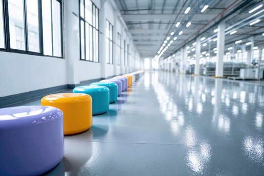 Vibrant interior of a plastic products manufacturing facility showcasing colorful seating elements