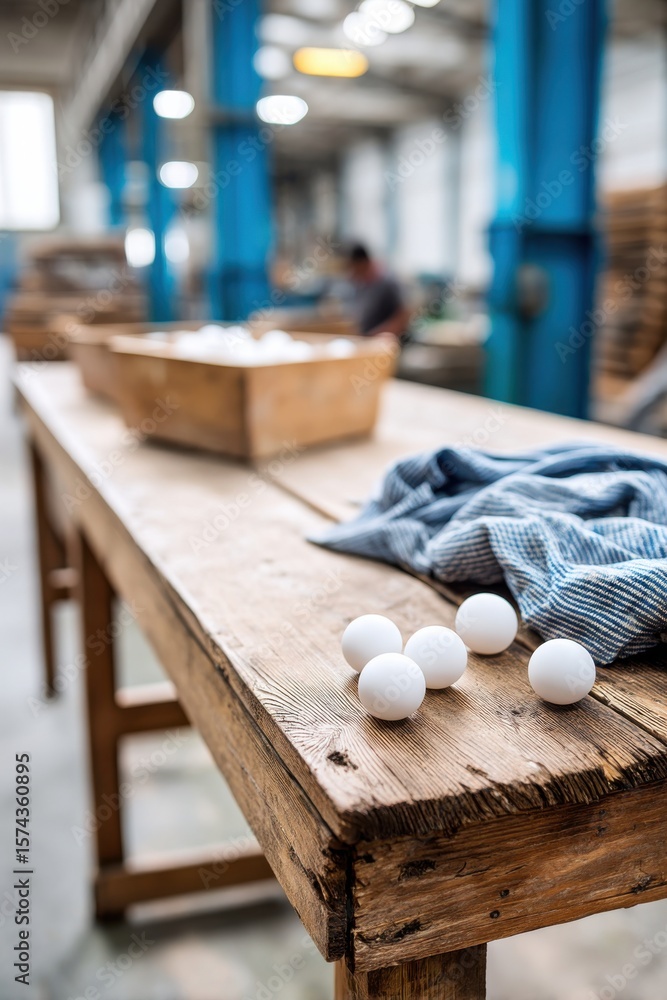 Poster imaginative view of ping pong ball production process in a vibrant workshop environment
