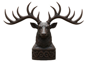Ornate bronze deer bust detailed fur texture intricate base carvings dark background