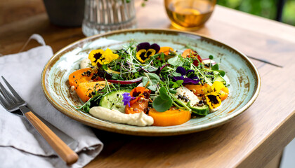 Colorful vegan meal artfully arranged on a handmade ceramic plate
