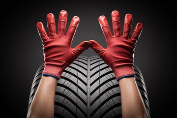 Close up of hands in red gloves gripping car tire for automotive repair.