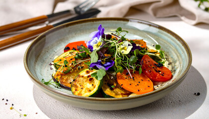 Colorful vegan meal artfully arranged on a handmade ceramic plate