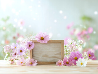 木製フレームを囲む淡いピンクと白のコスモスが彩る装飾背景