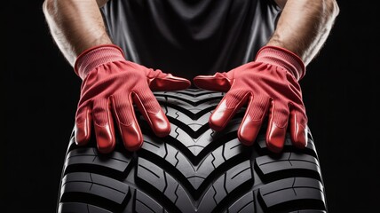 Close up of hands in red gloves gripping car tire for automotive repair.