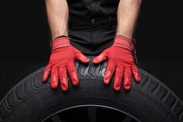 Close up of hands in red gloves gripping car tire for automotive repair.