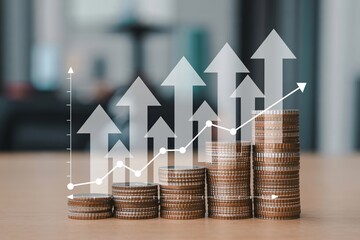 coin stacks with upward arrows and growth chart, finance, savings, and profit rise.