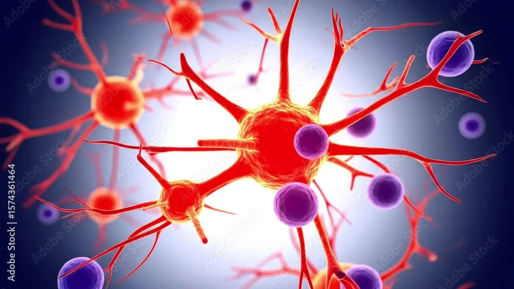 Poster 3d rendering of neurons and immune cells visualizing a biological process