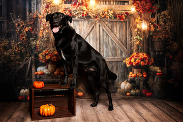 Black Dog Standing in Festive Fall Barn Setting