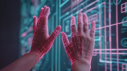 UX design futuristic wireframe, hands interacting with AR screens, UI prototyping red digital hands in virtual interface environment