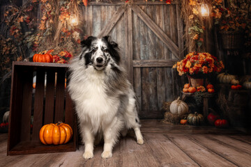 Long-Haired Dog in Autumn Barn Setting with Pumpkins