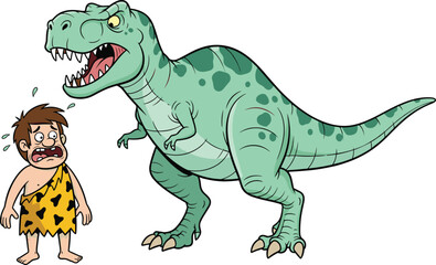 Cartoon caveman scared of green dinosaur, prehistoric danger, funny illustration, ancient man screaming, Jurassic predator, humor scene, vector art