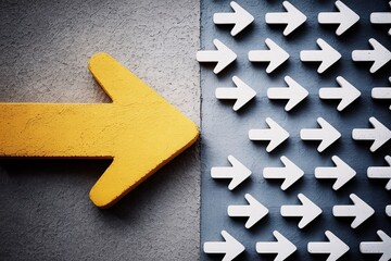 Yellow arrow leading white arrows forward, leadership and direction concept.