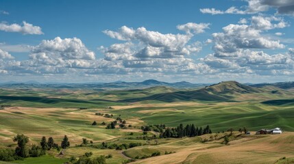 Obraz premium Panoramic view of rolling hills and farmland