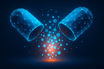 Futuristic medical capsule wireframe style with glowing particles emerging from open pill representing nanotechnology pharmaceutical science and digital medicine concept