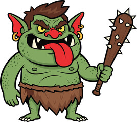 Cartoon green troll character with club, angry monster expression, fantasy creature illustration, barbarian wild goblin, funny drawing, vector artwork