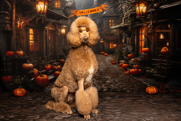 Stylish Poodle in Spooky Halloween Village