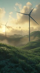 Wind turbines in green hills, sunrise, environmental energy scene photorealism, sustainable energy, eco-friendly landscape with wind power generators