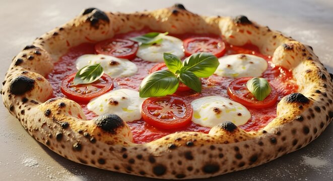 Close up shot of a neapolitan pizza with tomato sauce mozzarella basil and charred crust on a gray surface