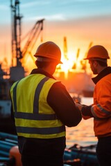 Diverse engineers collaborate on marine engineering projects at sunset near a busy port