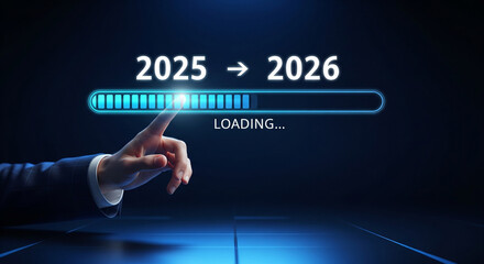 Businessman pressing virtual button of the upcoming year, with a loading bar indicating the arrival of 2026