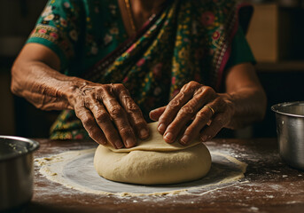Senior Indian Woman Kneading Dough on a Wooden Table | Traditional Cooking Preparation for Baking, Food Photography and Recipe Concepts