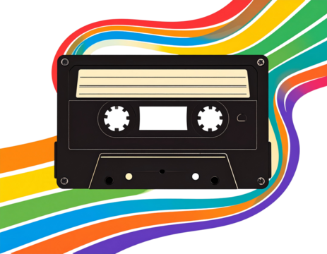 Retro Cassette Tape with Rainbow Trails – 80s Vibe 