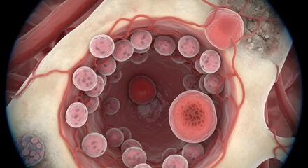 Microscopic view of blood cells flowing through a vessel surrounded by tissue and capillaries