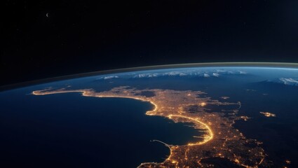 Vista nocturna de la órbita de la región mediterránea, con ciudades históricas como Atenas, Roma y Estambul