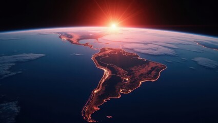 Amanecer sobre Sudamérica desde el espacio, con tonos rosados ​​y naranjas reflejándose en la superficie del océano