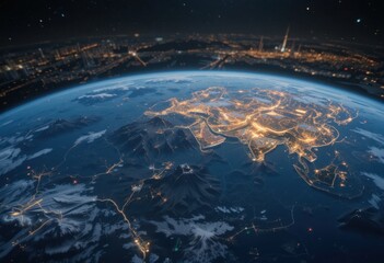 Los diversos paisajes de Asia vistos desde el espacio, con cadenas montañosas, ríos y densas luces urbanas en todo el continente