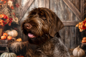 Side Profile of Wirehaired Dog in Autumn Barn Scene