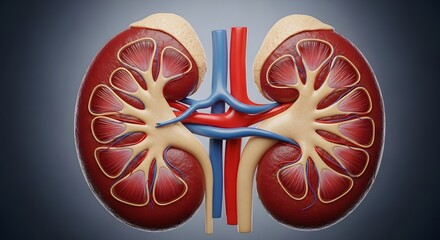 A detailed cross section of two kidneys with visible internal structures and blood vessels shown