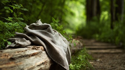 Obraz premium Linen wrap draped over log beside quiet forest path