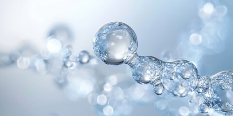 Transparent water bubbles connected in a chain against a soft blue background with light reflections.