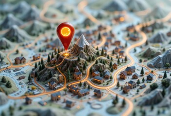 Pequeño mapa de la ciudad con un diseño intrincado, con caminos sinuosos y brillantes y un pin de neón que resalta un mirador de montaña
