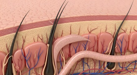 Illustration of human skin layers with hair follicles and blood vessels showing skin anatomy details