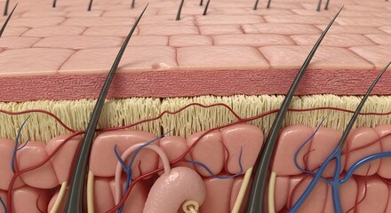 A detailed cross section of human skin showing epidermis dermis and subcutaneous layers with hair follicles