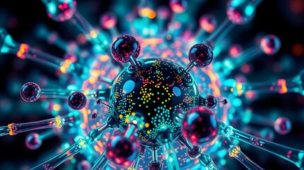 A complex abstract image of a molecular or viral structure with a central sphere covered in colorful glowing dots, surrounded by translucent tubes and smaller spheres
