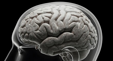 Anatomical illustration of a human head with a visible brain against a black background showing detail