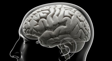 Side view of a transparent human head with a visible brain on a black background in a digital render