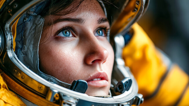 Astronaut prepares for space mission, focusing intently while adjusting helmet, inside spacecraft environment with vibrant orange suit and clear cosmic backdrop