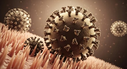Close up view of several coronavirus particles on a surface with a dark background and soft lighting