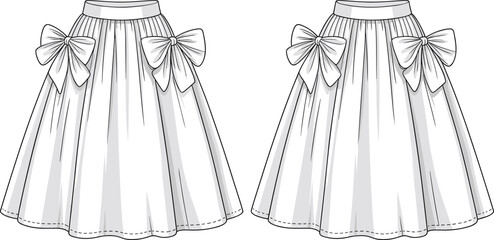 Full flared skirt with big bow design, fashion CAD drawing, technical flat, girly outfit template, vector garment illustration