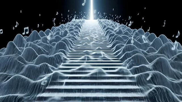 Music notes rise staircase to bright light. Concept: musical journey, creativity path, spiritual ascension, overcoming obstacles in music, achieving musical goals, talent. 